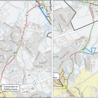 Two maps side by side, each showing a dashed line extending from Rt2A to "existing sewer."