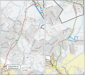 Two maps side by side, each showing a dashed line extending from Rt2A to "existing sewer."