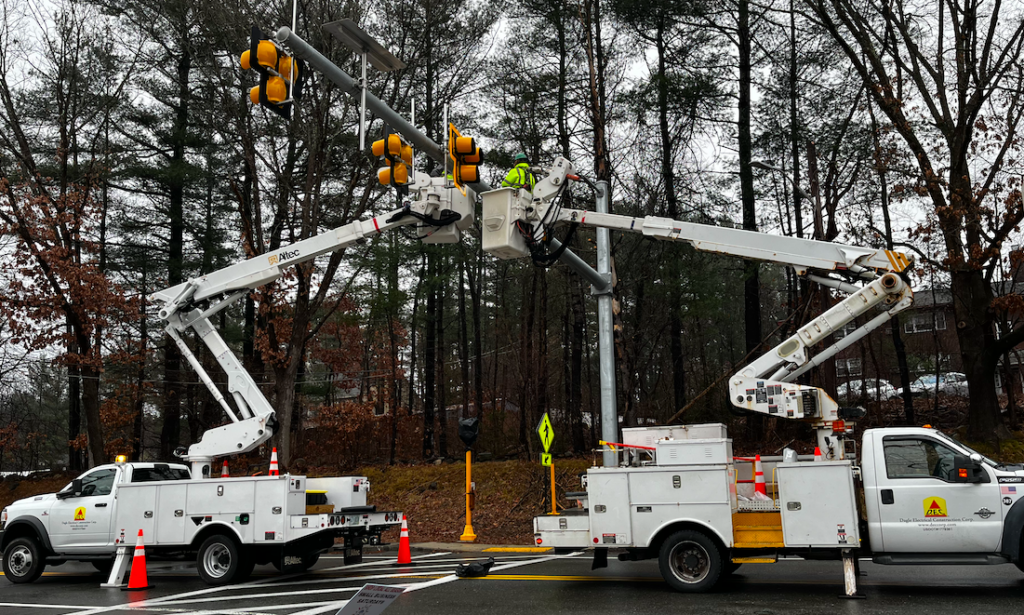 back-to-back lift trucks at an intersection