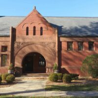 Original front entrance to the Acton Memorial Libray, the older brick building part.