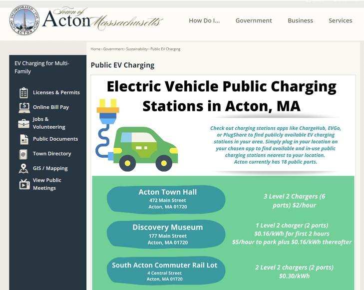 Electric Vehicle Charging Stations announcement at Acton town website.