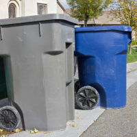 Two trash bins await pickup off a residential street.