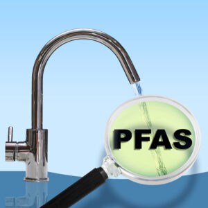 Kitchen faucet with PFAS icon suggesting unhealthy tap water