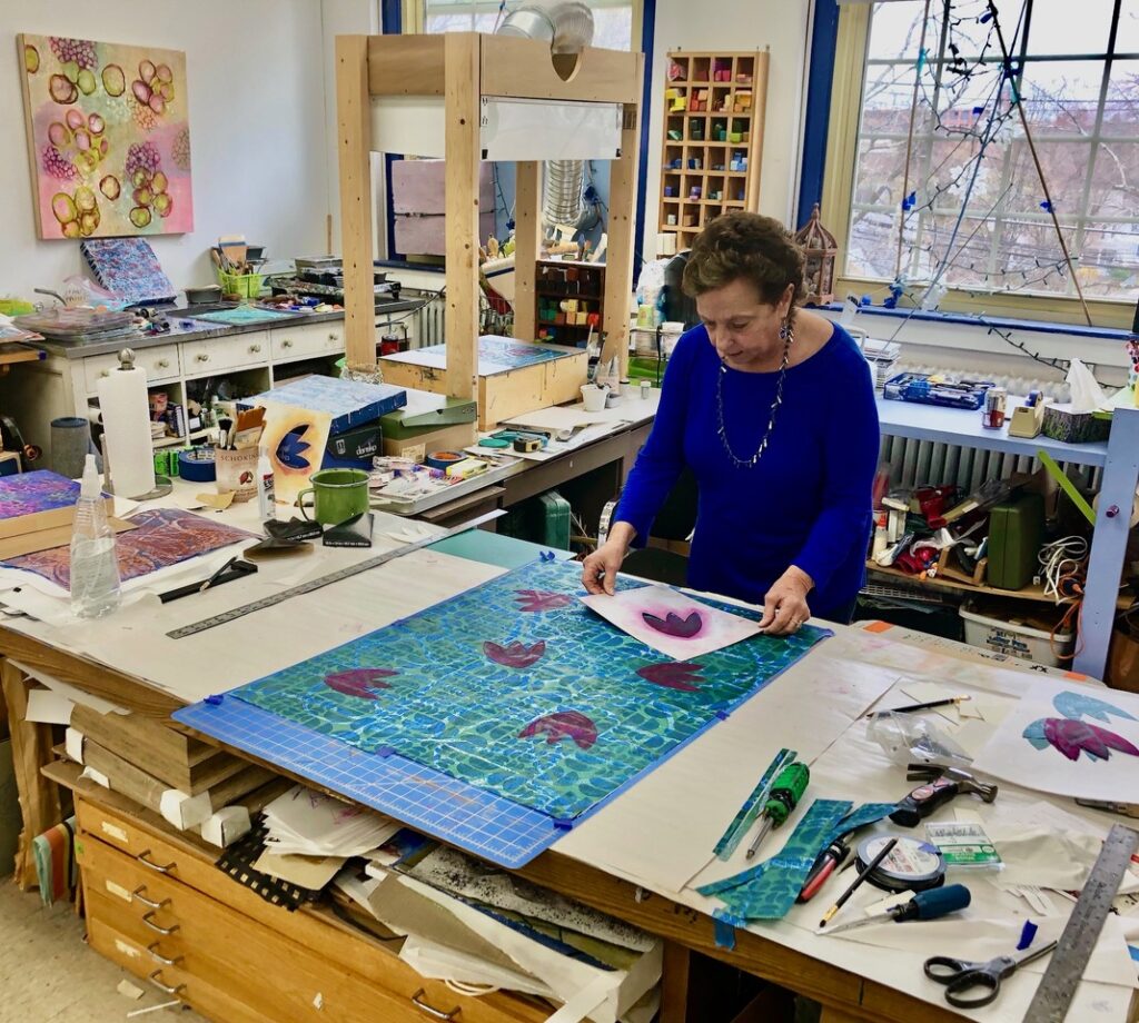 The artist at work in her former studio at ArtSpace in Maynard