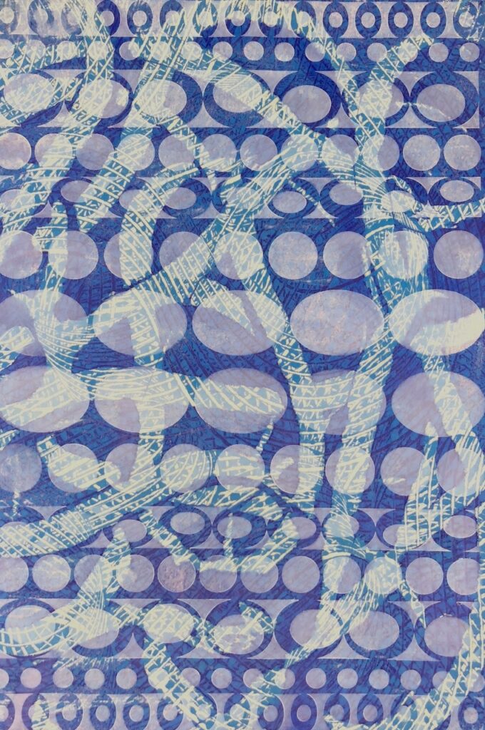 light blue ovals and circles in rows, vertical symmetry, snake-like superimposed patterns