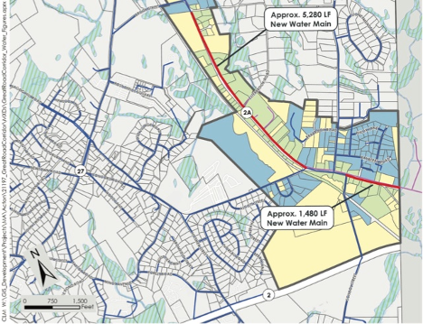 Portion of Acton town map that shows areas where Acton and Concord provide water along Great Road.