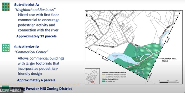 Map of the Powder Mill Zoning District with newly approved overlay zones that will encourage multi-family housing and small business development.