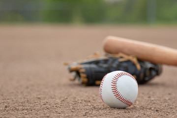 A baseball bat, ball, and glove are on the ground.