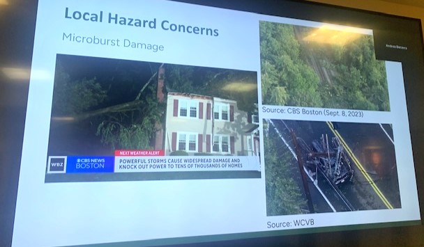 A photo of a screen that says "Local Hazard Concerns: Microburst Damage" and has three images from local news organizations (CBS and WCVB) that show some of the damage that was caused by the microburst in Acton in September, 2023.