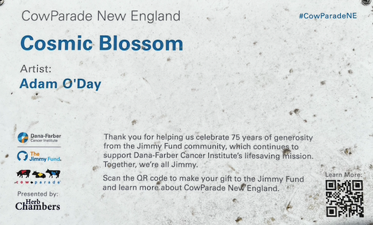 The plaque for Cosmic Blossom reads: CowParade New England Cosmic Blossom Artist: Adam O'Day Thank you for helping us celbrate 75 years of generosity from the Jimmy Fund community, which continues to support Dana-Farber Cancer Institute's lifesaving mission.Tegether, we're all Jimmy. Scan the QE ode to make your gift to the Jimmy Fund and learn more about CowParade New England.