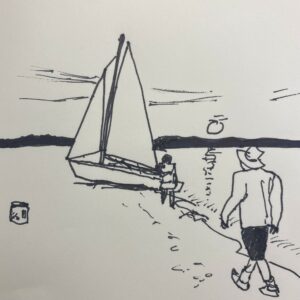 A line drawing with a sailboat pulled up on the shore, the setting sun in the background, and two peope walking towards the sailboat.