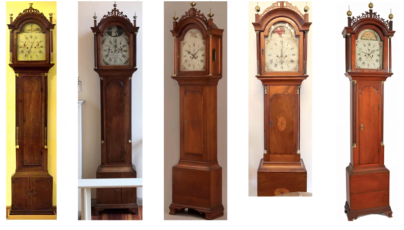 A series of beautiful handmade grandfather clocks.