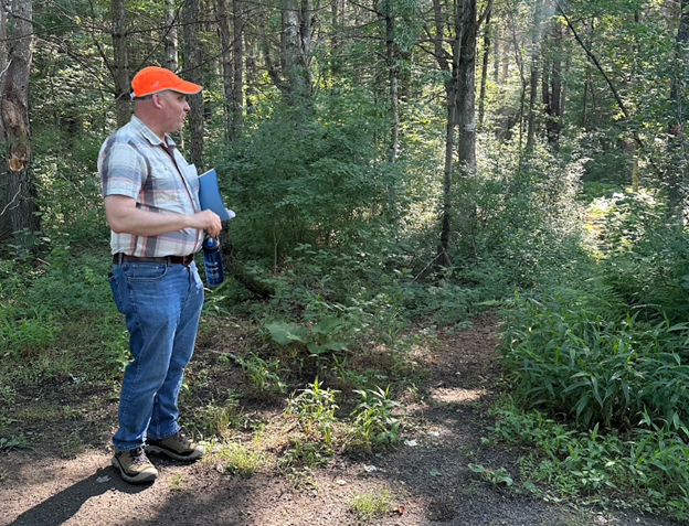 A man wearing an orange baseball cap and a plaid shirt stands by a trail in the woods.