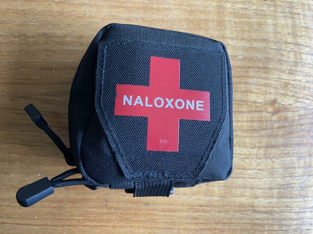 A black zipper bag (about 4 inches square0 with a large red cross on the front. The cross is embossed with the word Naloxone.