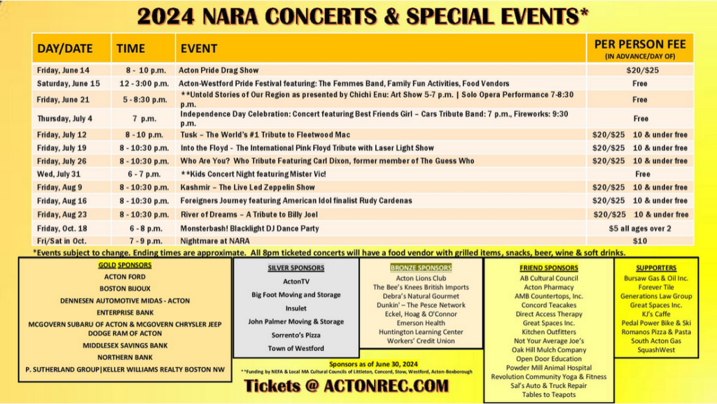 The NARA Park summer calendar and sponsor list. A text version of the calendar is available at the bottom of the Concerts and Special Events page.