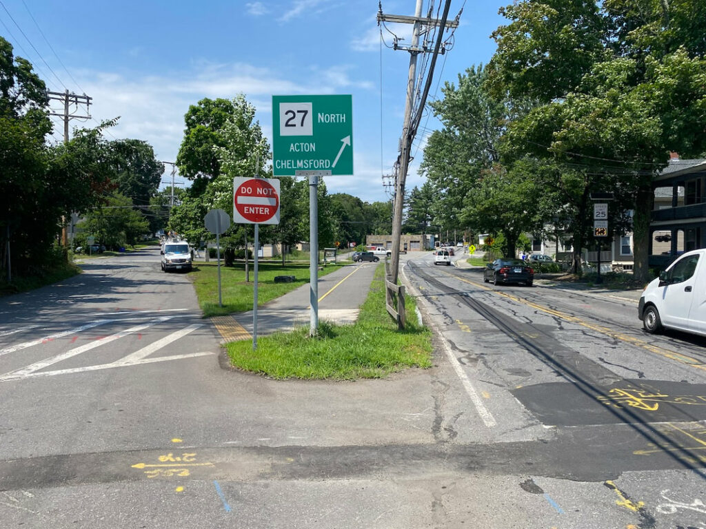 The Maynard intersection where Concord Road intersects with Brown and Hayes streets, looking towards Acton.