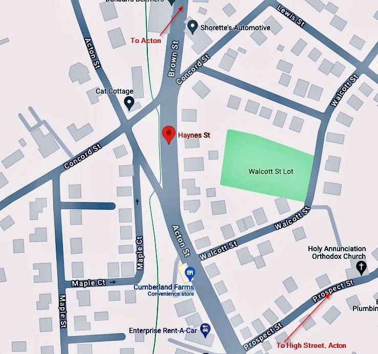 A map of the area around Hayes and Brown street. Arrows point towards Acton on Brown and Prospect Streets.