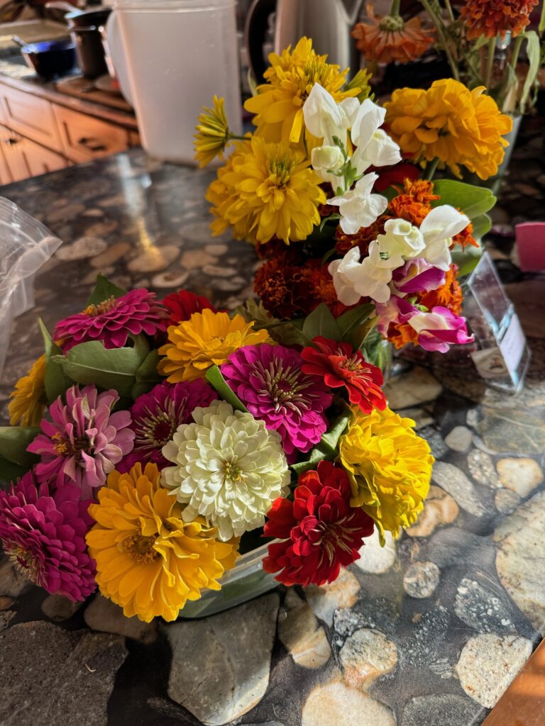 Bouquets of bright flowers wait for new homes.