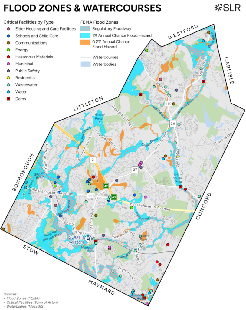 A map of Acton showing all ofthe FEMA-designated flood zones and important structures such as elder housing, schools, the public safety building, and wastewater treatment plants.