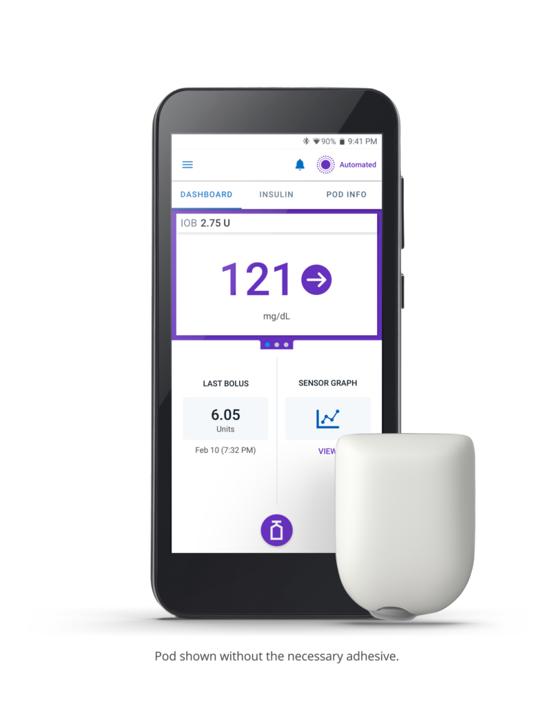 The Omnipod 5, which appears to be about 2x3 inches, in front of a phone displaying the Omnipod app for diabetes care.