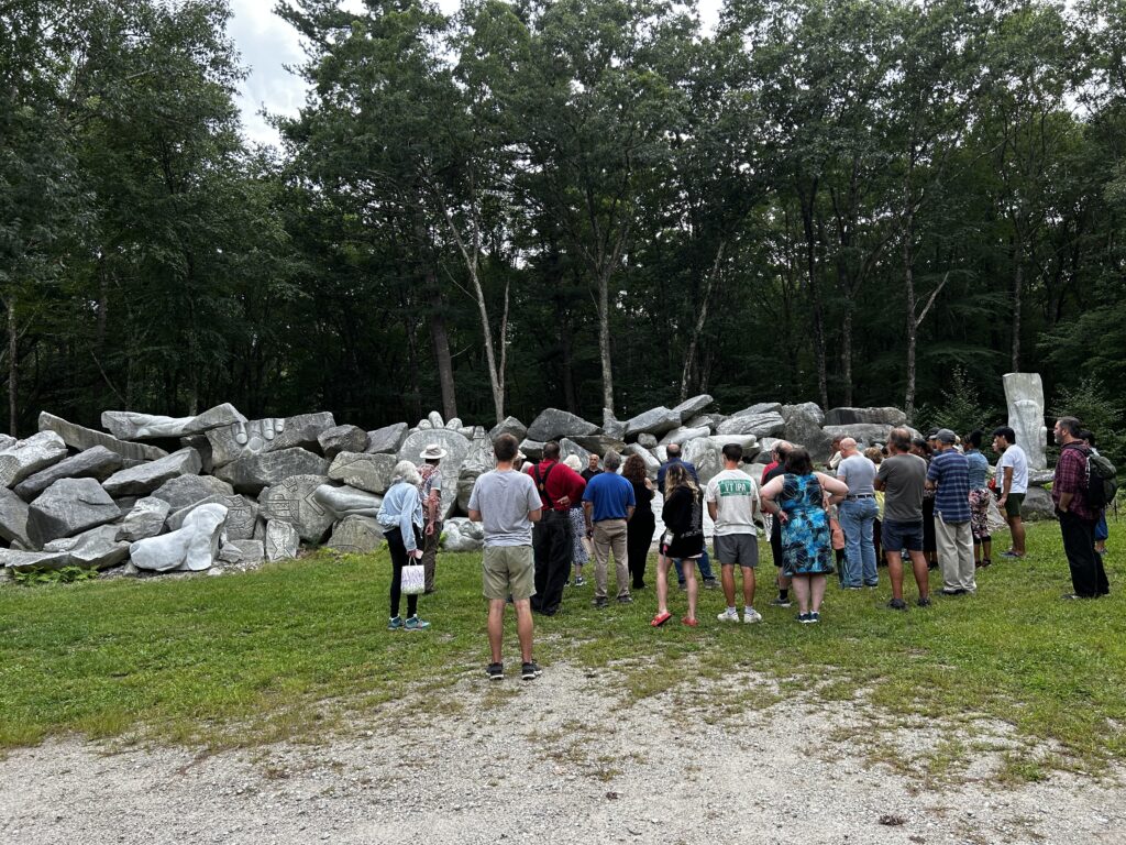 A crowd of people stand looking toward a pile of boulders, with trees beyond.