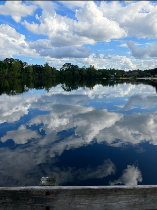 Glassy-surfaced pond, reflecting fluffy clouds. 