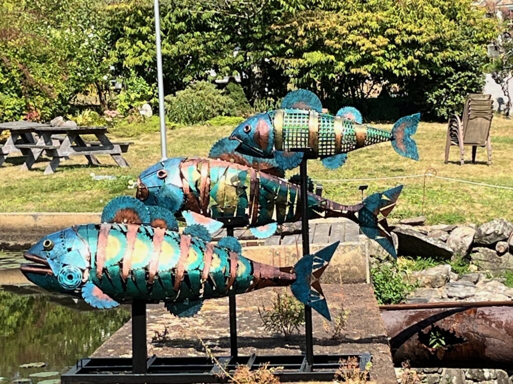 Several metal fish are attached to the top of the dam. They are made of blue and copper metal and sparkle in the sun.