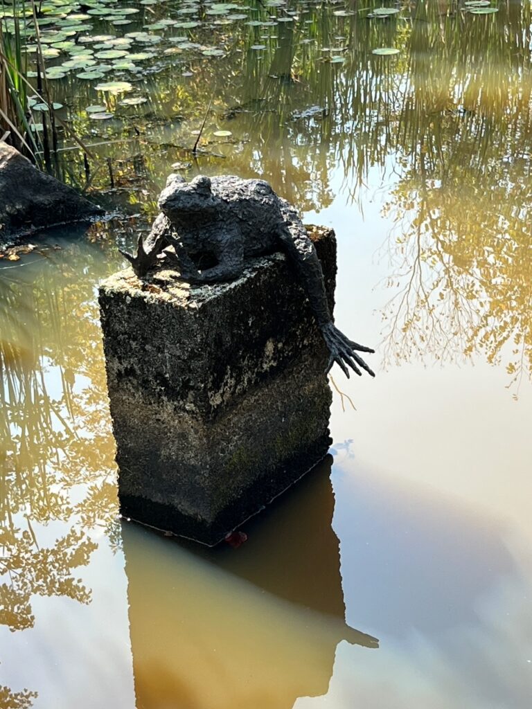 A large black metal frog rests on a pedestal in the pond. His foot is casually hanging off the side.