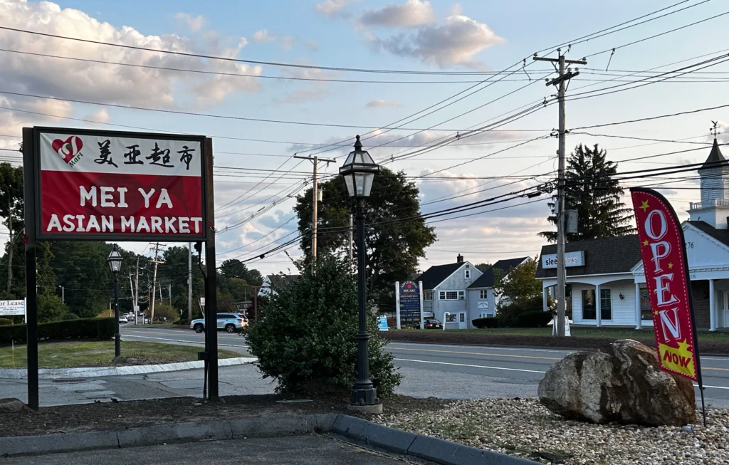 Street view with yellow parking lot lines in foreground and a vertical red and white banner reading "Open". Tall red and white sign held up by two poles reads, "Mei Ya Asian Market", with Chinese characters above.