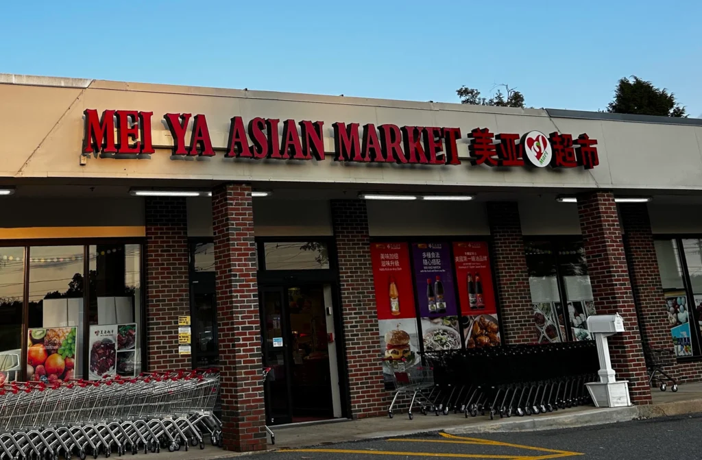 Long modern business with flat roof, a corral of supermarket carts, plate glass windows with colorful photographs of food in them, and a sign along the top: Mei Ya Asian Market, with Chinese characters as well.