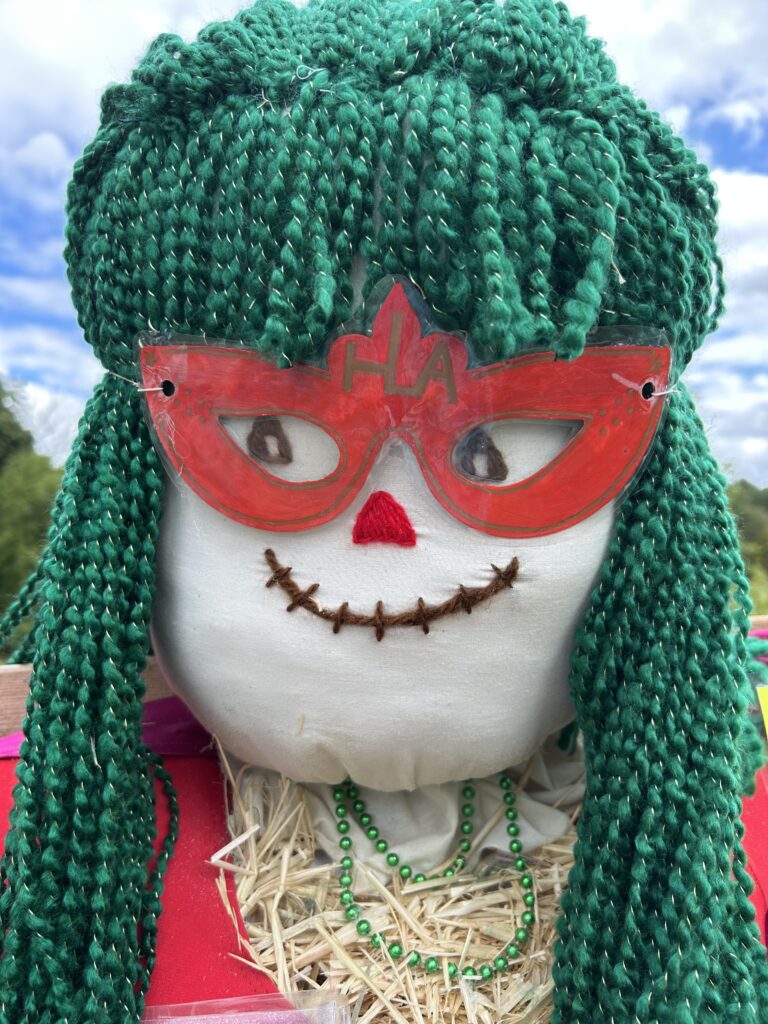 Judy Justice is a friendly looking scarecrow with green wool hair and wearing a red HA (Health Advocacy) superhero mask.