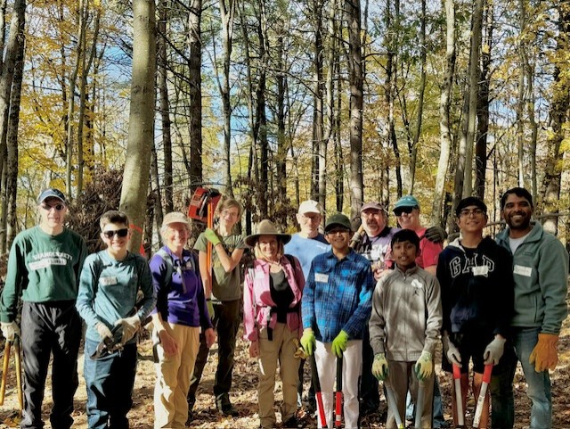 A group of people standing in the woods with dappled sunlight.