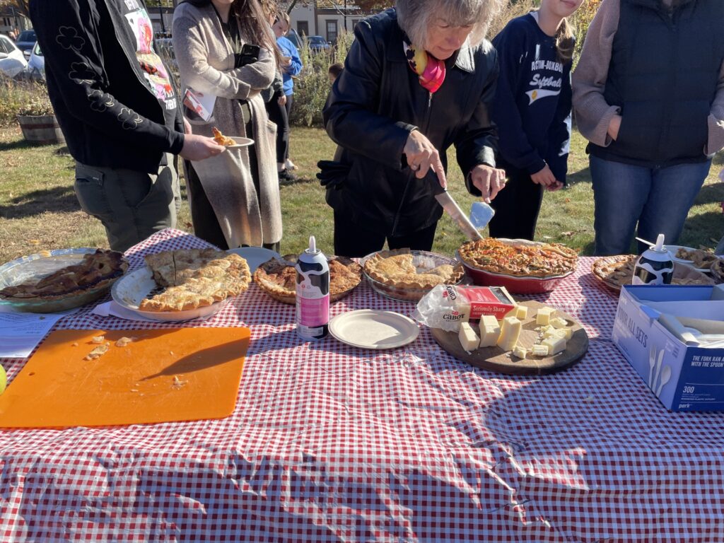 A picnic table with a red-checked tablecloth is covered wtih pies. Someone is cutting into one of the delectable treats. A bottle of whipped cream and a plate of cheddar cheese are also on the table.