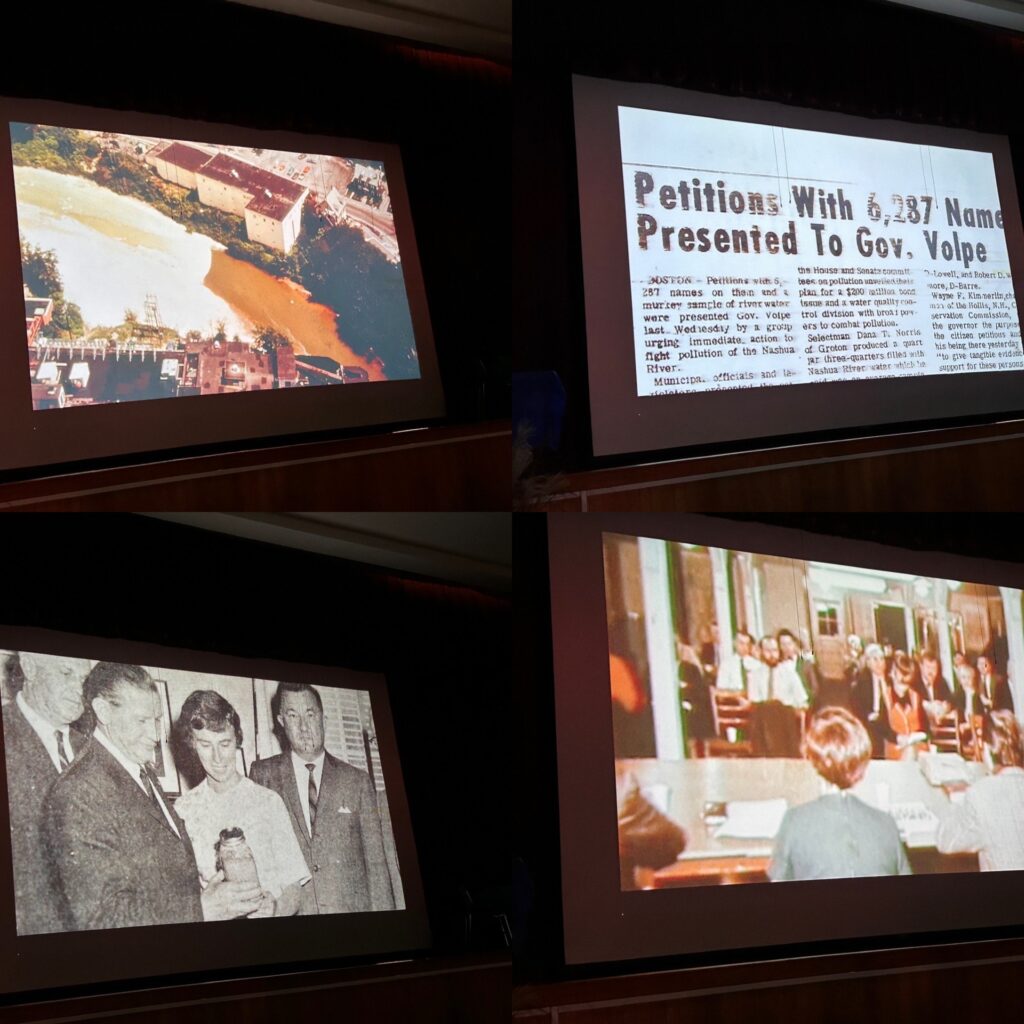 Four screen clips, clockwise from top right: * A filthy Nashua River cuts through the land. * A news article titled " Petitions with 6,287 Names Presented to Gov. Volpe. * Marion Stoddart shows a bottle of filthy water to three men. * The back of Ms Stoddard's head as she presents at a hearing.