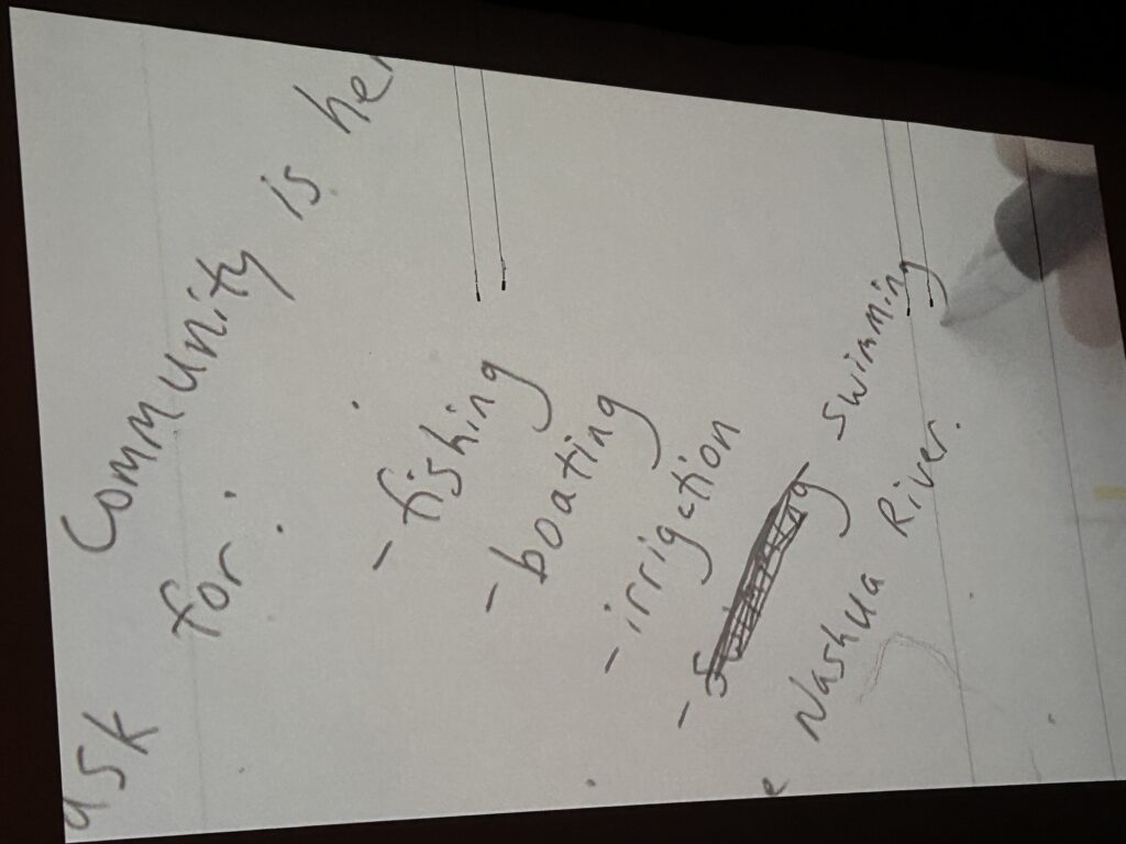 "A piece of paper with notes to ask for the following items for the Nashua River: - fishing - boating - irrigation - swimming (crossed out and then added again)"