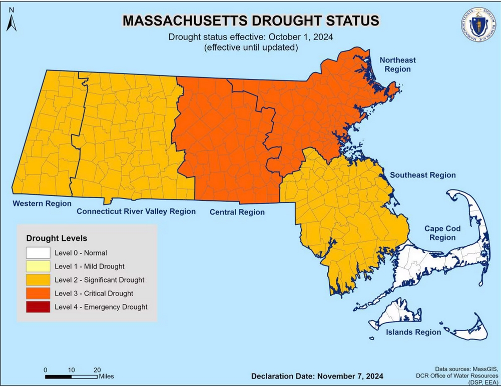 A map of Massachussets showing the central and northeast regions of the state in critical drought status. The rest of the state is in significant drought status.