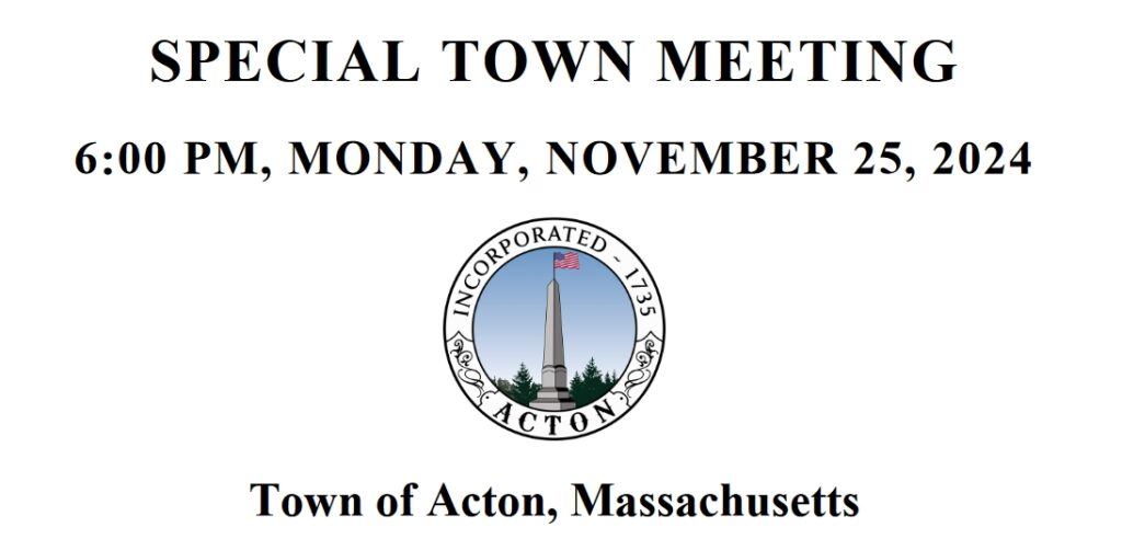 The top of the Town Meeting warrant highlighting that the Special Town Meeting is at 6:00 p.m. on Monday, November 25, 2024.