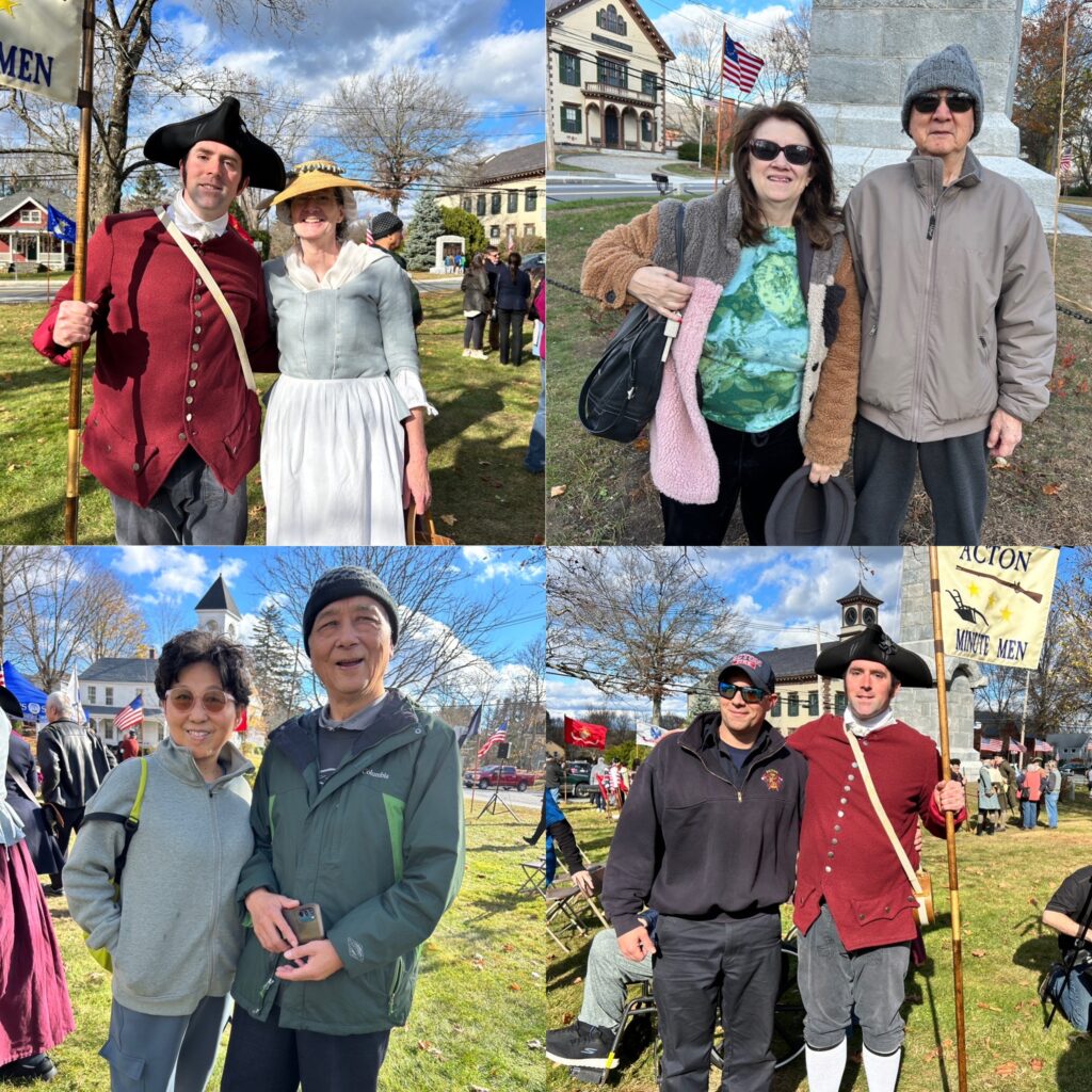 A collage of four pictures, each with two people. Clockwise from bottom: - Two men, one wearing an Acton FD fleece, the other wearing an 18th century red jacket, knickers, and a tri-corner hat. - A couple wearing street clothes. - Another couple wearing street clothes. - A pair of people wearing street clothes, but from the 18th Century. The man is wearing a red jacket with brass buttons, the woman wears a dress, apron, and straw bonnet.