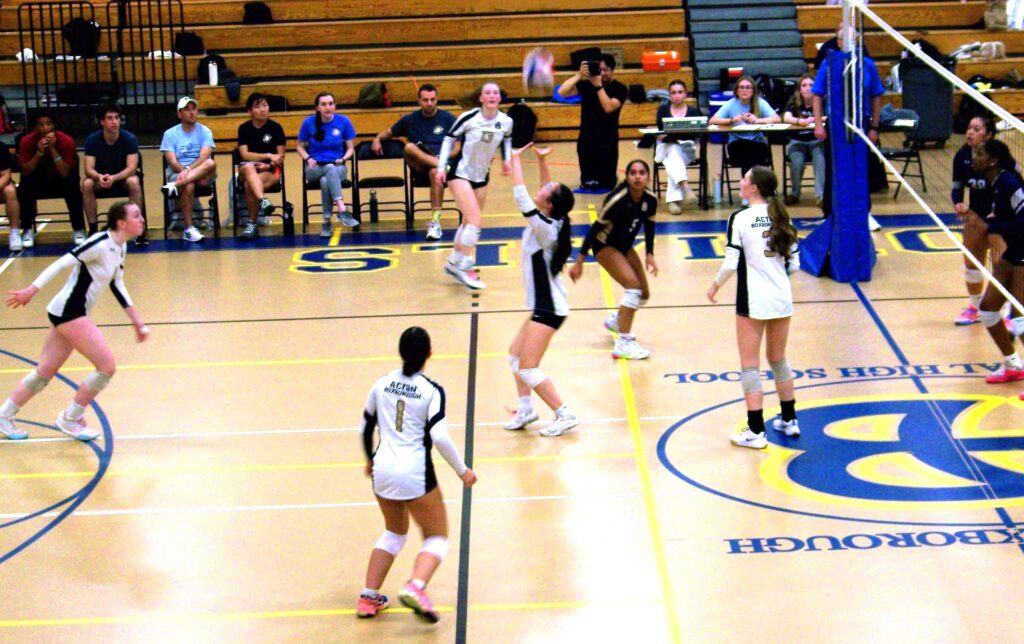 A young woman gets ready to spike a ball coming towards her on a volleyball court.