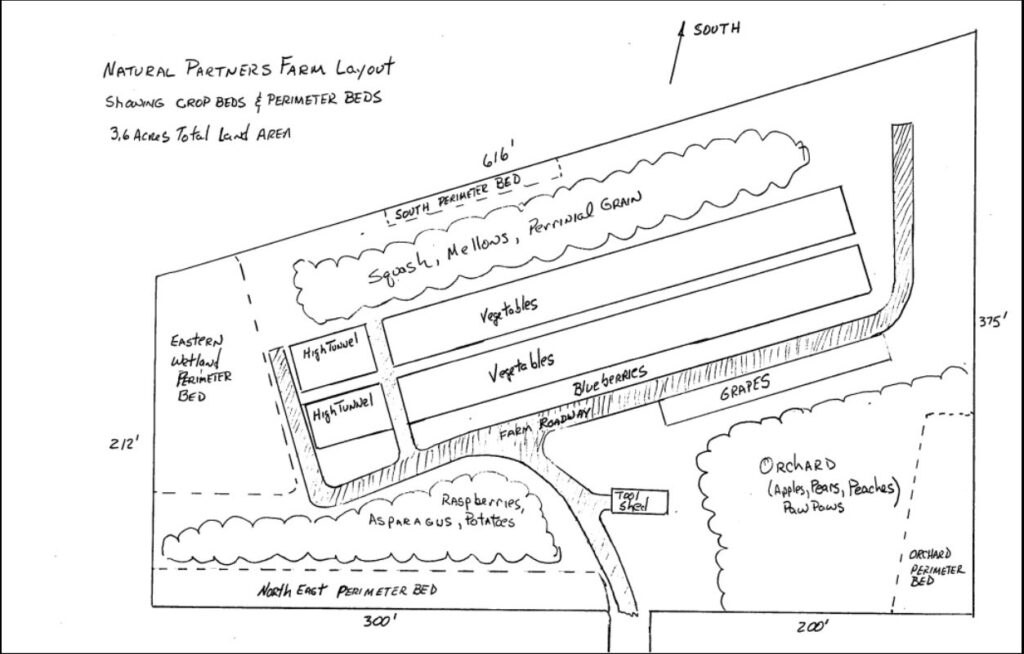 A layout diagram for a small farm that includes a pollinator bed and and an orchard.