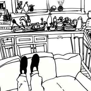 A pen and ink drawing of a kitchen counterand sink piled high with dirty dishes. In the foreground, a pair of legs rests on the sofa.