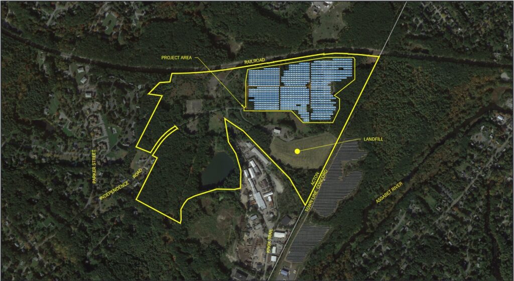 An aerial photo of Acton and Concord showing existing (Concord) and upcoming (Acton) solar arrays.