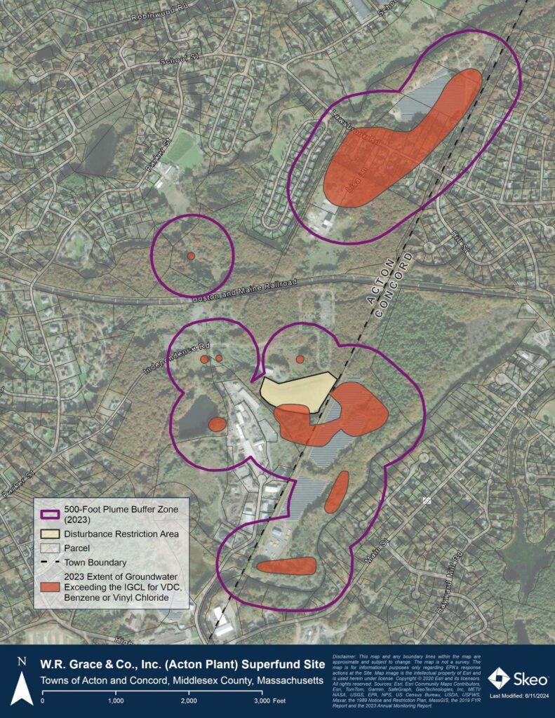 A map of the Acton and Concord area that is monitored by the EPA. Circles of different sizes and colors show where there was groundwater pollution in 2023, a disturbance restriction area, and the 500 foot buffer zone that encompasses the entire area.