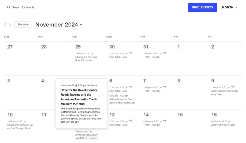 The first two weeks of the November 2024 calendar with many sample entries. All of this information (and more) is currently available from the Bulliten Board.