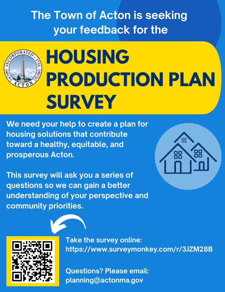 The poster advertising the Housing Production Plan Survey, which is available at https://www.surveymonkey.com/r/3JZM28B.