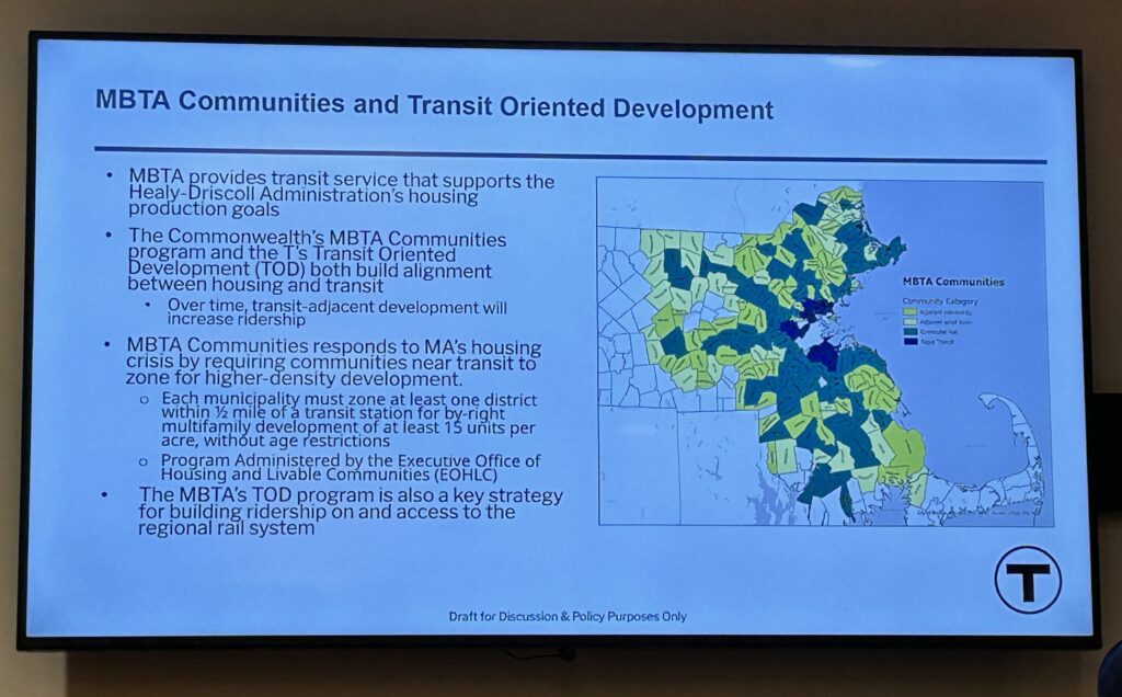 A shot of one of the screens. On the right is information about Transit Oriented Development. On the left is a map of eastern Massachusetts with many towns shaded in yellow or blue to highlight their proximity to public transportation.