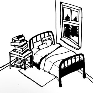 A line drawing of a bed under a window, with an inviting stack of books and a teacup. The window has pine trees in the background.