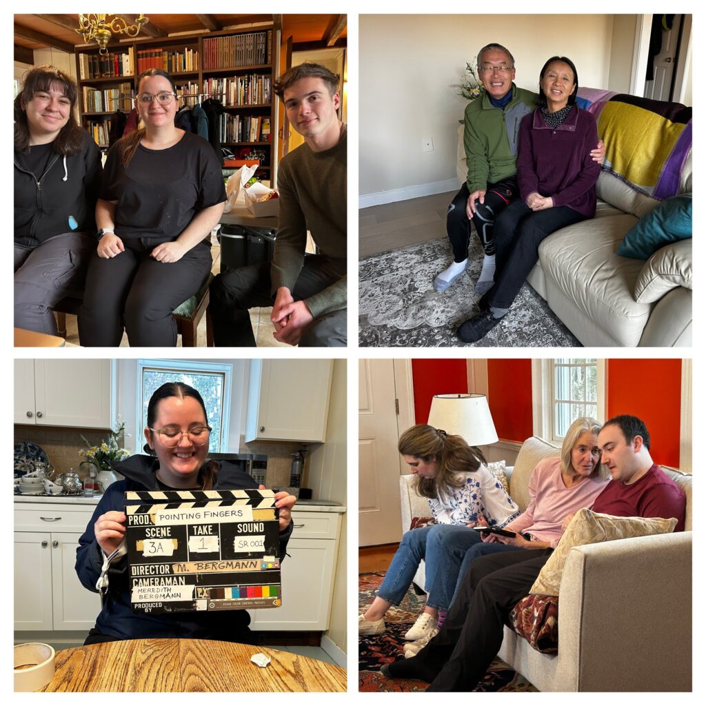 A composite of four small images. Top left: Three young people, all wearing black sit in a house. Top right: A couple (man and woman) sitting on a whilte leather couch. Bottom left: A woman wholkds a film clapper that shows information about the film, including the scene and take numbers. Bottom right: Three different people sitting on a couch.