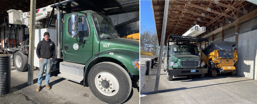 Composit photo: On the left, a very tall man stands next to an even taller truck. A white bucket and ladder is folded on top of the truck.On the rith, the bucket truck and another piece of equipment live under a wooden roof.