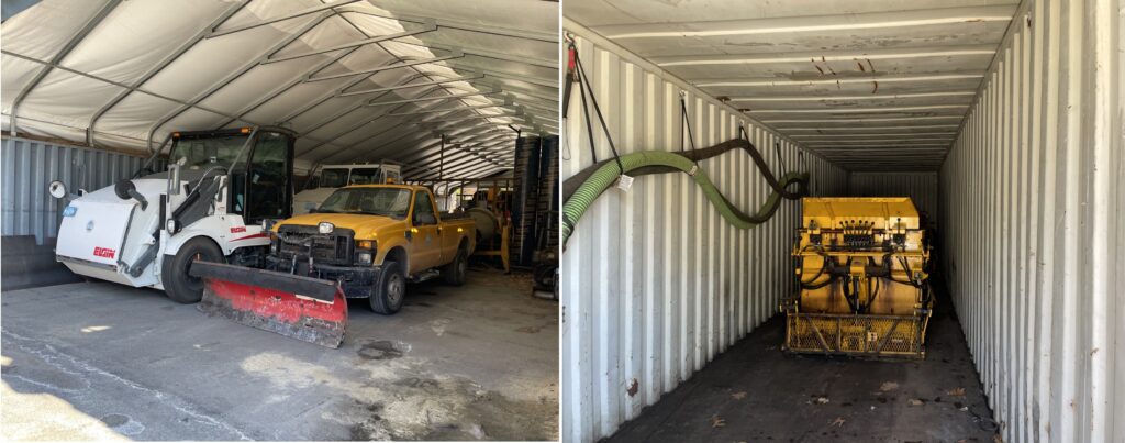 A composit picture, on the left, trucks and other equipment are under a plastic-roofed tent. On the right, a piece of yellow equipment in a shipping container. Hoses are hanging on the wall.